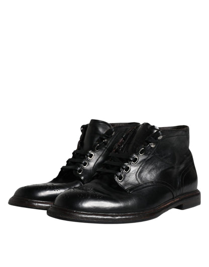 Dolce & Gabbana Black Leather Men Short Boots Lace Up Shoes - SMARTMARTNZ