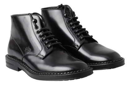 Dolce & Gabbana Black Leather Men Short Boots Lace Up Shoes - SMARTMARTNZ