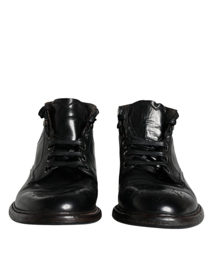 Dolce & Gabbana Black Leather Men Short Boots Lace Up Shoes - SMARTMARTNZ