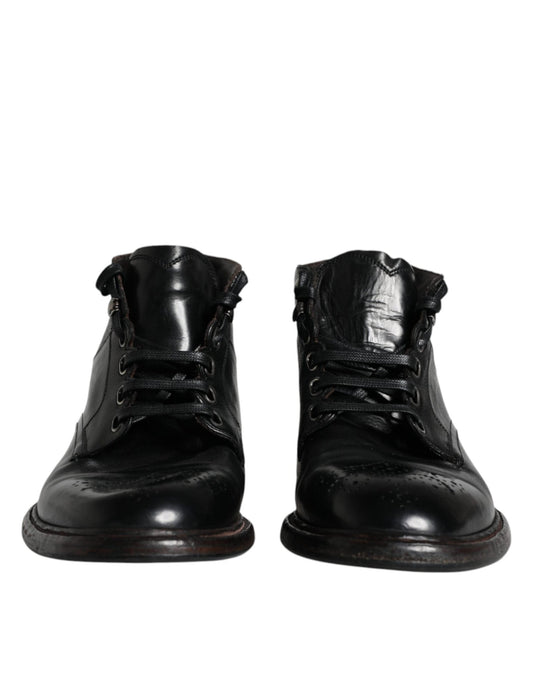 Dolce & Gabbana Black Leather Men Short Boots Lace Up Shoes - SMARTMARTNZ