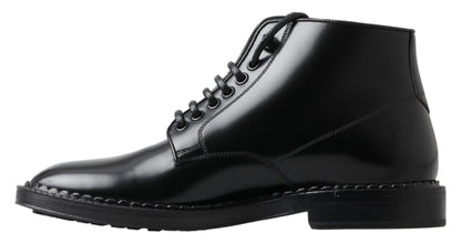 Dolce & Gabbana Black Leather Men Short Boots Lace Up Shoes - SMARTMARTNZ