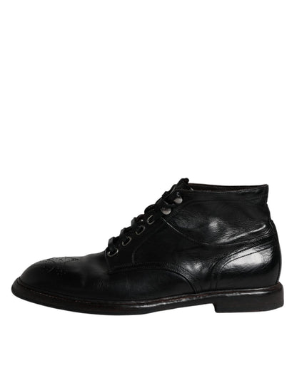 Dolce & Gabbana Black Leather Men Short Boots Lace Up Shoes - SMARTMARTNZ