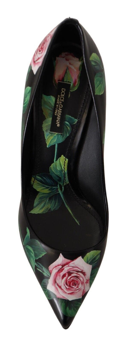 Dolce & Gabbana Black Leather Roses High Heels Pumps Shoes - SMARTMARTNZ