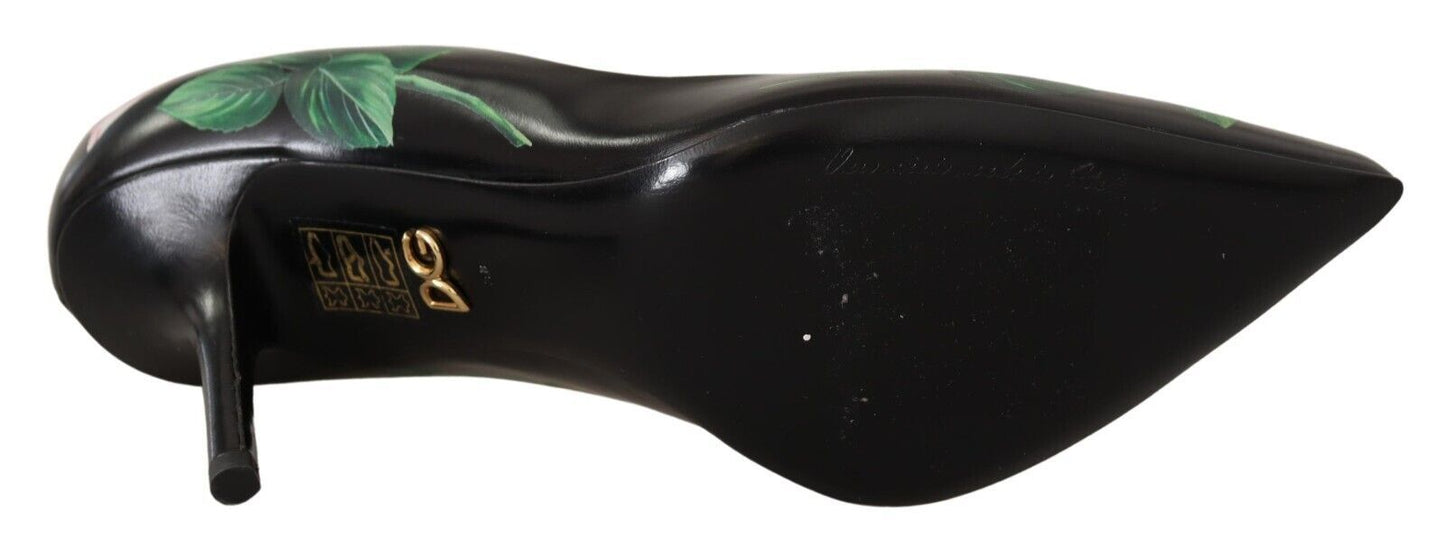 Dolce & Gabbana Black Leather Roses High Heels Pumps Shoes - SMARTMARTNZ