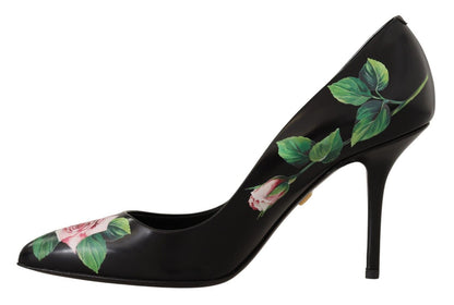 Dolce & Gabbana Black Leather Roses High Heels Pumps Shoes - SMARTMARTNZ