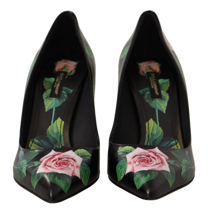 Dolce & Gabbana Black Leather Roses High Heels Pumps Shoes - SMARTMARTNZ