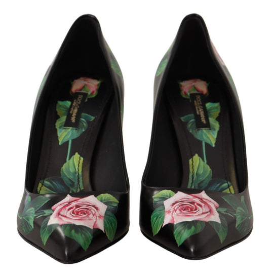 Dolce & Gabbana Black Leather Roses High Heels Pumps Shoes - SMARTMARTNZ