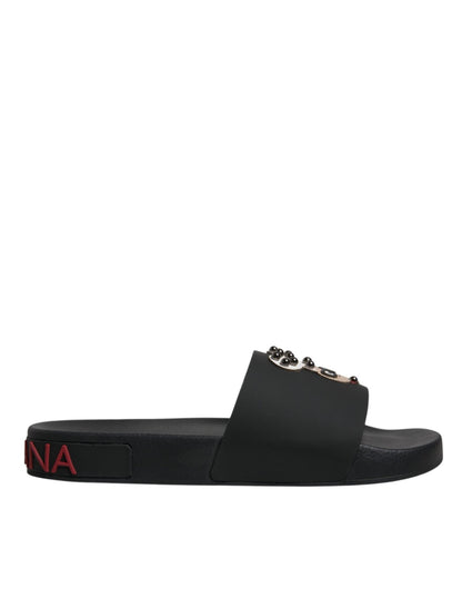 Dolce & Gabbana Black Leather Slides Sandals Beachwear Shoes - SMARTMARTNZ