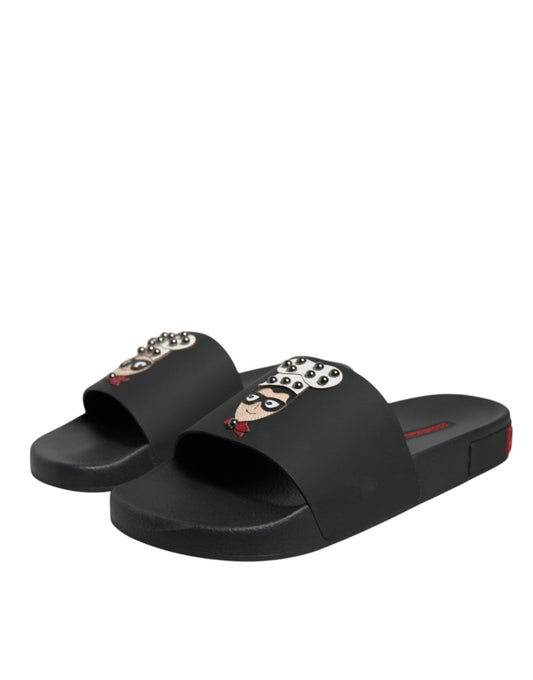 Dolce & Gabbana Black Leather Slides Sandals Beachwear Shoes - SMARTMARTNZ
