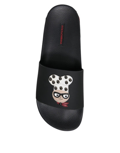 Dolce & Gabbana Black Leather Slides Sandals Beachwear Shoes - SMARTMARTNZ