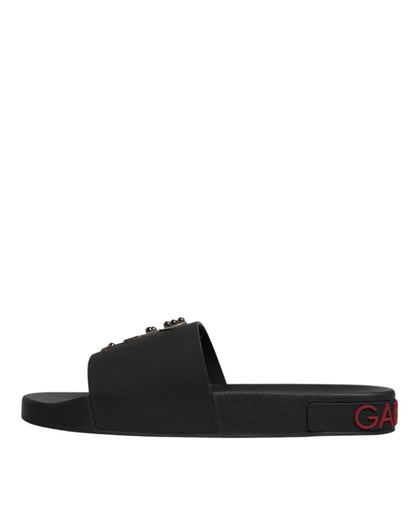 Dolce & Gabbana Black Leather Slides Sandals Beachwear Shoes - SMARTMARTNZ