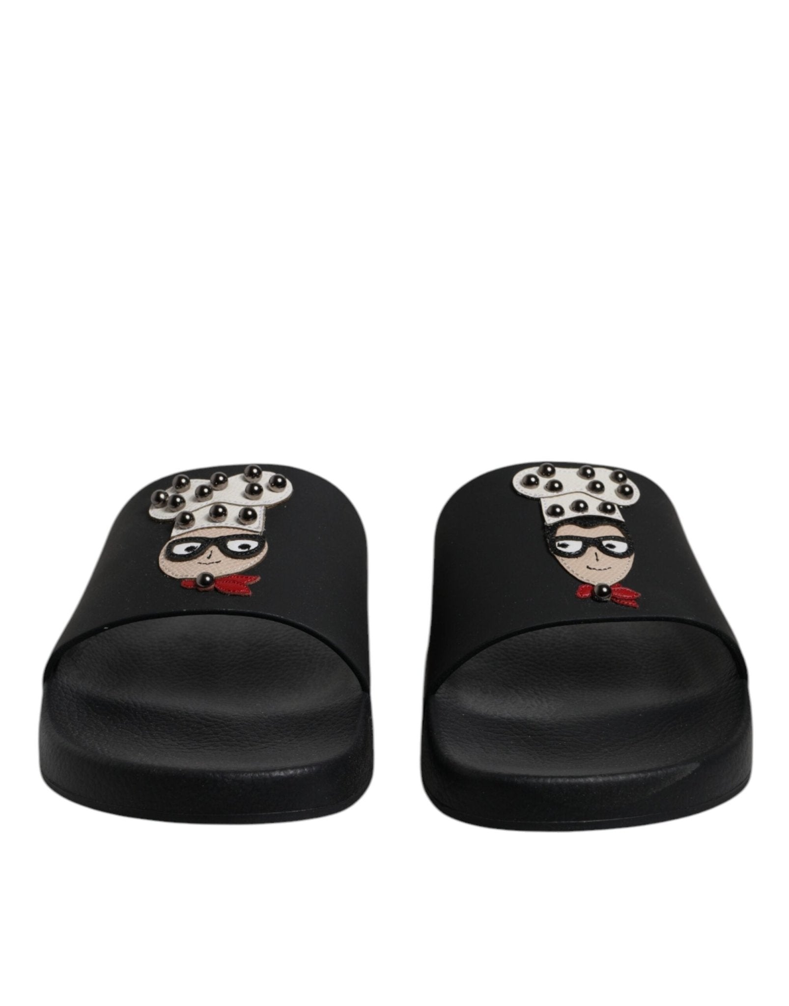 Dolce & Gabbana Black Leather Slides Sandals Beachwear Shoes - SMARTMARTNZ