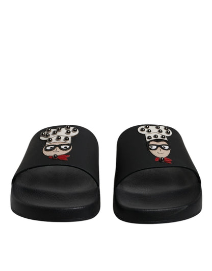 Dolce & Gabbana Black Leather Slides Sandals Beachwear Shoes - SMARTMARTNZ
