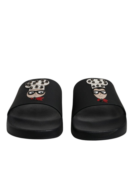 Dolce & Gabbana Black Leather Slides Sandals Beachwear Shoes - SMARTMARTNZ