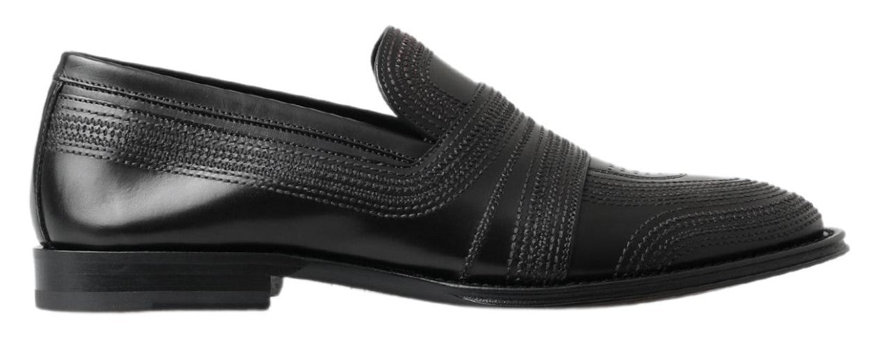 Dolce & Gabbana Black Leather Slipper Loafers Stitched Shoes - SMARTMARTNZ