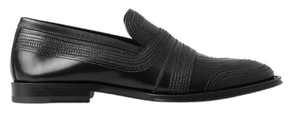 Dolce & Gabbana Black Leather Slipper Loafers Stitched Shoes - SMARTMARTNZ