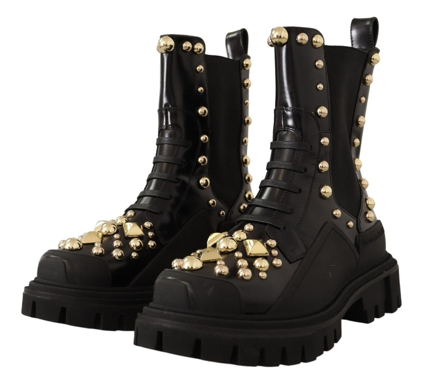 Dolce & Gabbana Black Leather Studded Combat Boots - SMARTMARTNZ