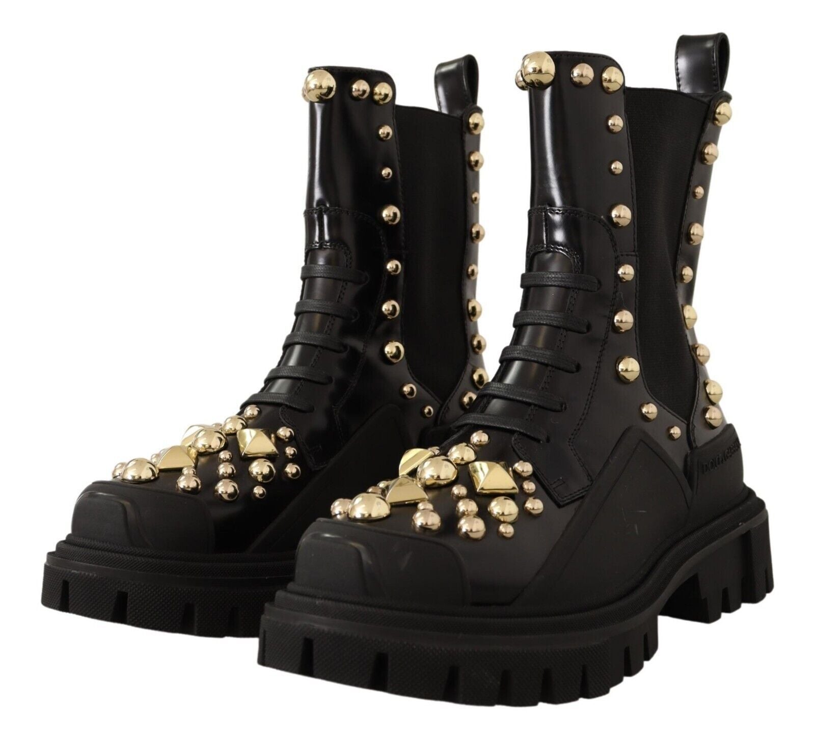 Dolce & Gabbana Black Leather Studded Combat Boots - SMARTMARTNZ