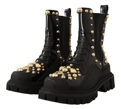 Dolce & Gabbana Black Leather Studded Combat Boots - SMARTMARTNZ