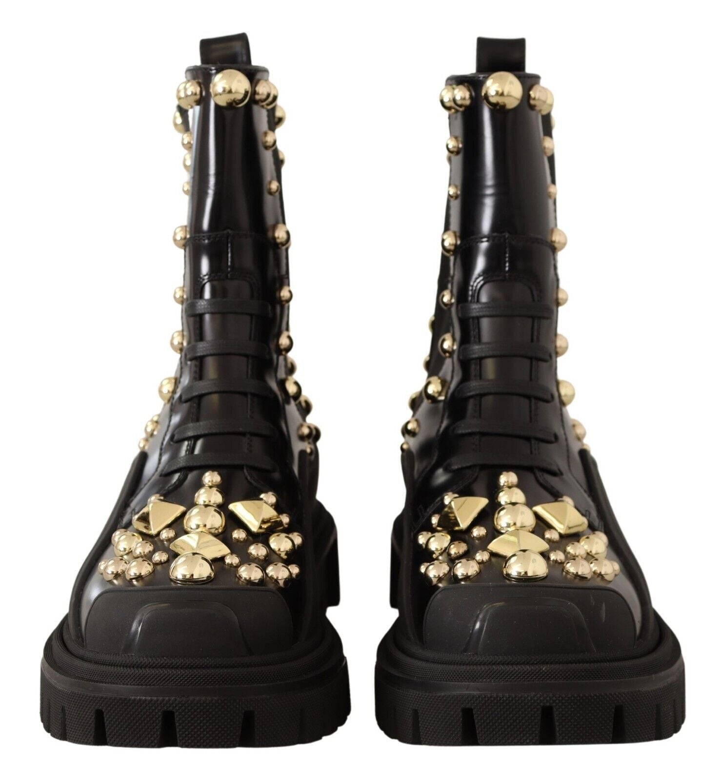 Dolce & Gabbana Black Leather Studded Combat Boots - SMARTMARTNZ