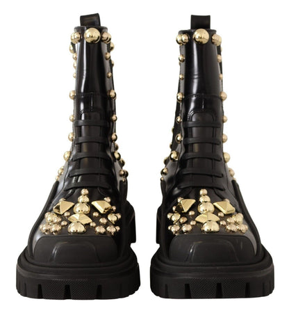 Dolce & Gabbana Black Leather Studded Combat Boots - SMARTMARTNZ