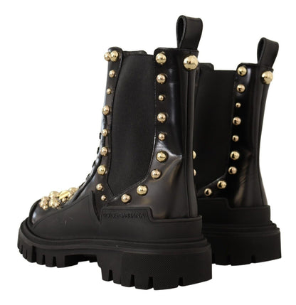 Dolce & Gabbana Black Leather Studded Combat Boots - SMARTMARTNZ