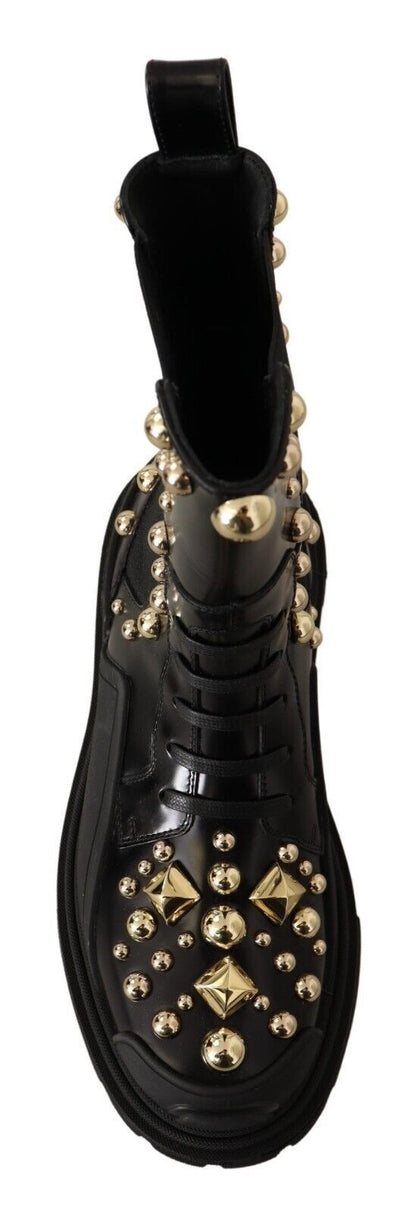 Dolce & Gabbana Black Leather Studded Combat Boots - SMARTMARTNZ