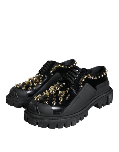 Dolce & Gabbana Black Leather Trekking Derby Embellished Shoes - SMARTMARTNZ
