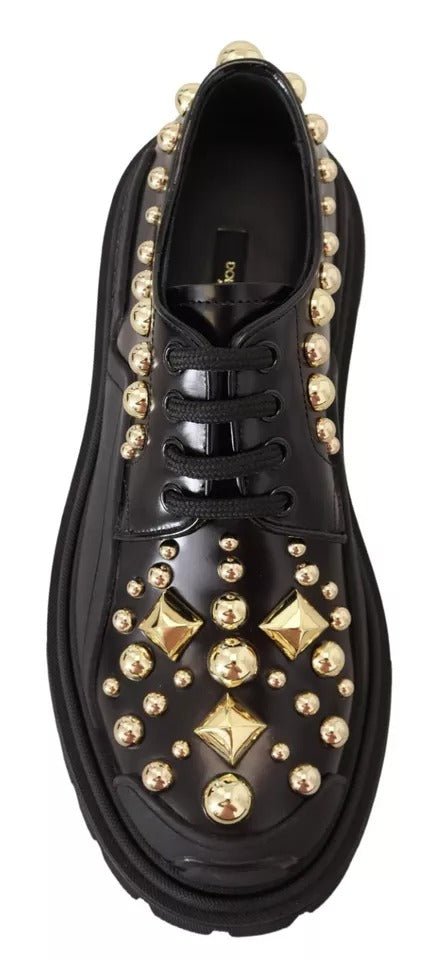 Dolce & Gabbana Black Leather Trekking Derby Embellished Shoes - SMARTMARTNZ