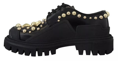 Dolce & Gabbana Black Leather Trekking Derby Embellished Shoes - SMARTMARTNZ