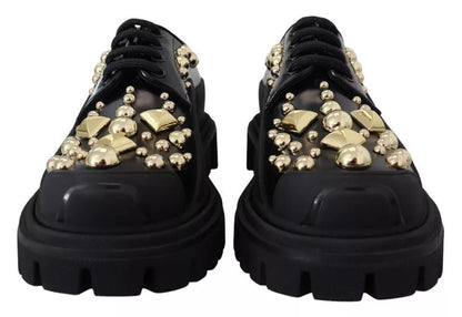 Dolce & Gabbana Black Leather Trekking Derby Embellished Shoes - SMARTMARTNZ