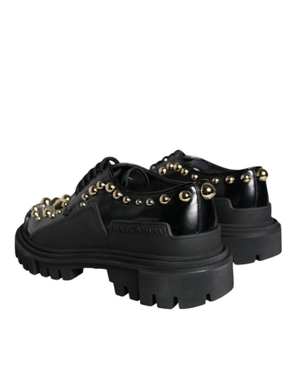 Dolce & Gabbana Black Leather Trekking Derby Embellished Shoes - SMARTMARTNZ