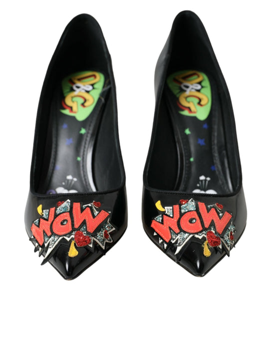 Dolce & Gabbana Black Leather WOW Patch Heels Pumps Shoes - SMARTMARTNZ