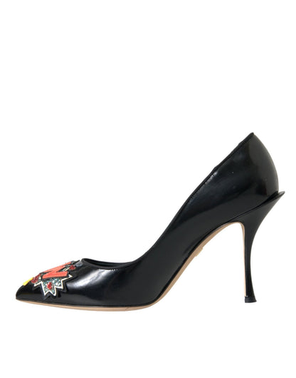 Dolce & Gabbana Black Leather WOW Patch Heels Pumps Shoes - SMARTMARTNZ
