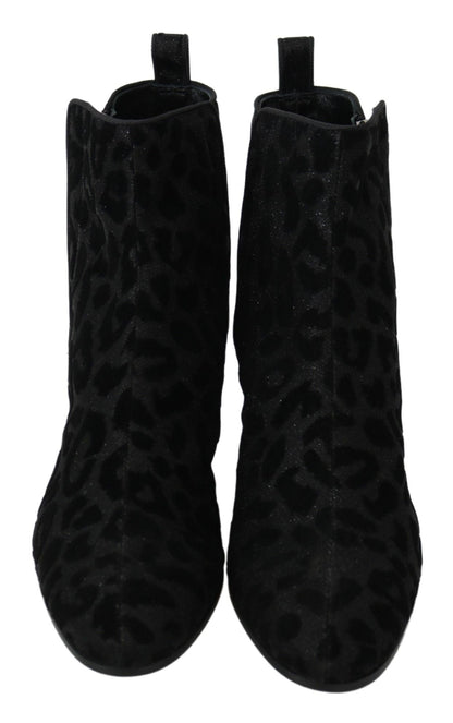 Dolce & Gabbana Black Leopard Short Boots Zipper Shoes - SMARTMARTNZ