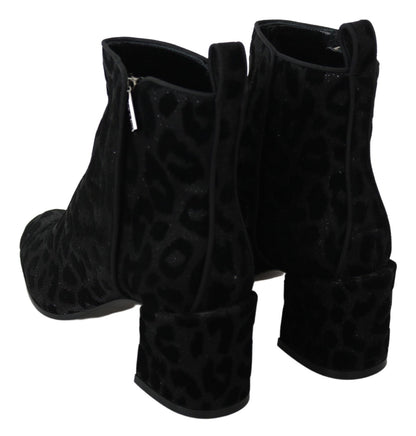 Dolce & Gabbana Black Leopard Short Boots Zipper Shoes - SMARTMARTNZ