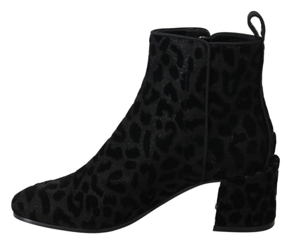 Dolce & Gabbana Black Leopard Short Boots Zipper Shoes - SMARTMARTNZ