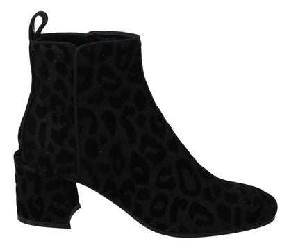 Dolce & Gabbana Black Leopard Short Boots Zipper Shoes - SMARTMARTNZ