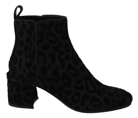 Dolce & Gabbana Black Leopard Short Boots Zipper Shoes - SMARTMARTNZ