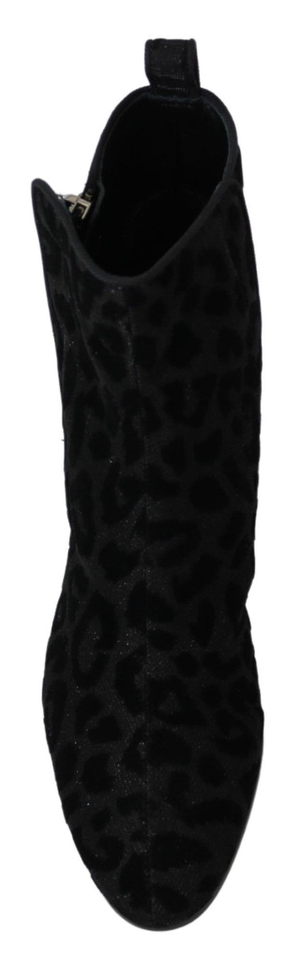 Dolce & Gabbana Black Leopard Short Boots Zipper Shoes - SMARTMARTNZ