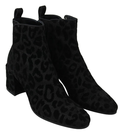 Dolce & Gabbana Black Leopard Short Boots Zipper Shoes - SMARTMARTNZ