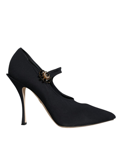 Dolce & Gabbana Black Mary Jane Jersey Crystal Pumps Shoes - SMARTMARTNZ