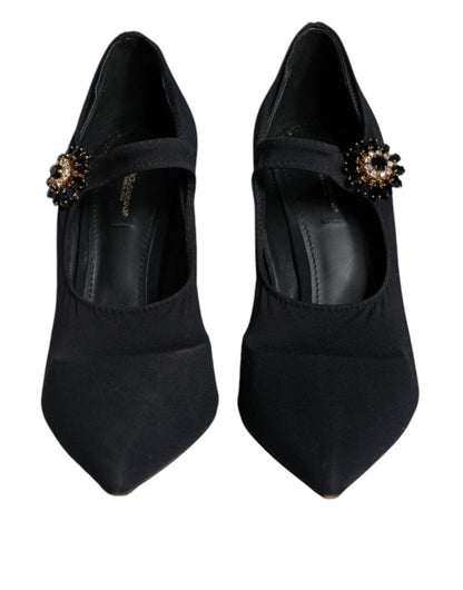 Dolce & Gabbana Black Mary Jane Jersey Crystal Pumps Shoes - SMARTMARTNZ