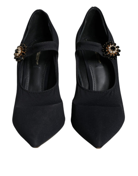Dolce & Gabbana Black Mary Jane Jersey Crystal Pumps Shoes - SMARTMARTNZ