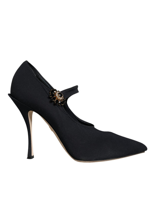Dolce & Gabbana Black Mary Jane Jersey Crystal Pumps Shoes - SMARTMARTNZ
