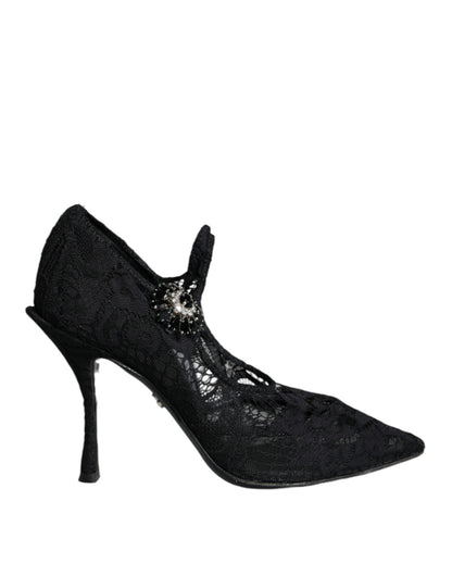 Dolce & Gabbana Black Mary Jane Pumps Lace Crystals Heels Shoes - SMARTMARTNZ