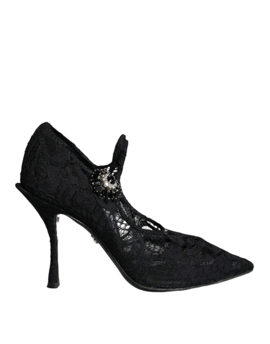 Dolce & Gabbana Black Mary Jane Pumps Lace Crystals Heels Shoes - SMARTMARTNZ
