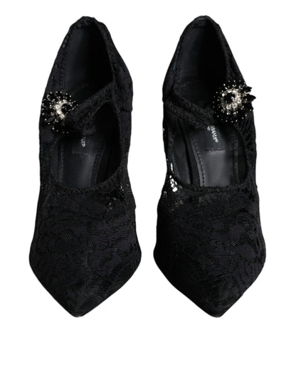 Dolce & Gabbana Black Mary Jane Pumps Lace Crystals Heels Shoes - SMARTMARTNZ