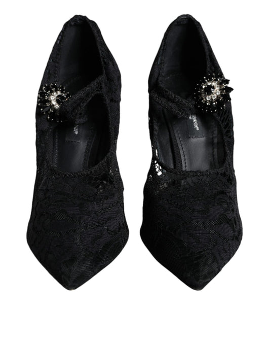 Dolce & Gabbana Black Mary Jane Pumps Lace Crystals Heels Shoes - SMARTMARTNZ