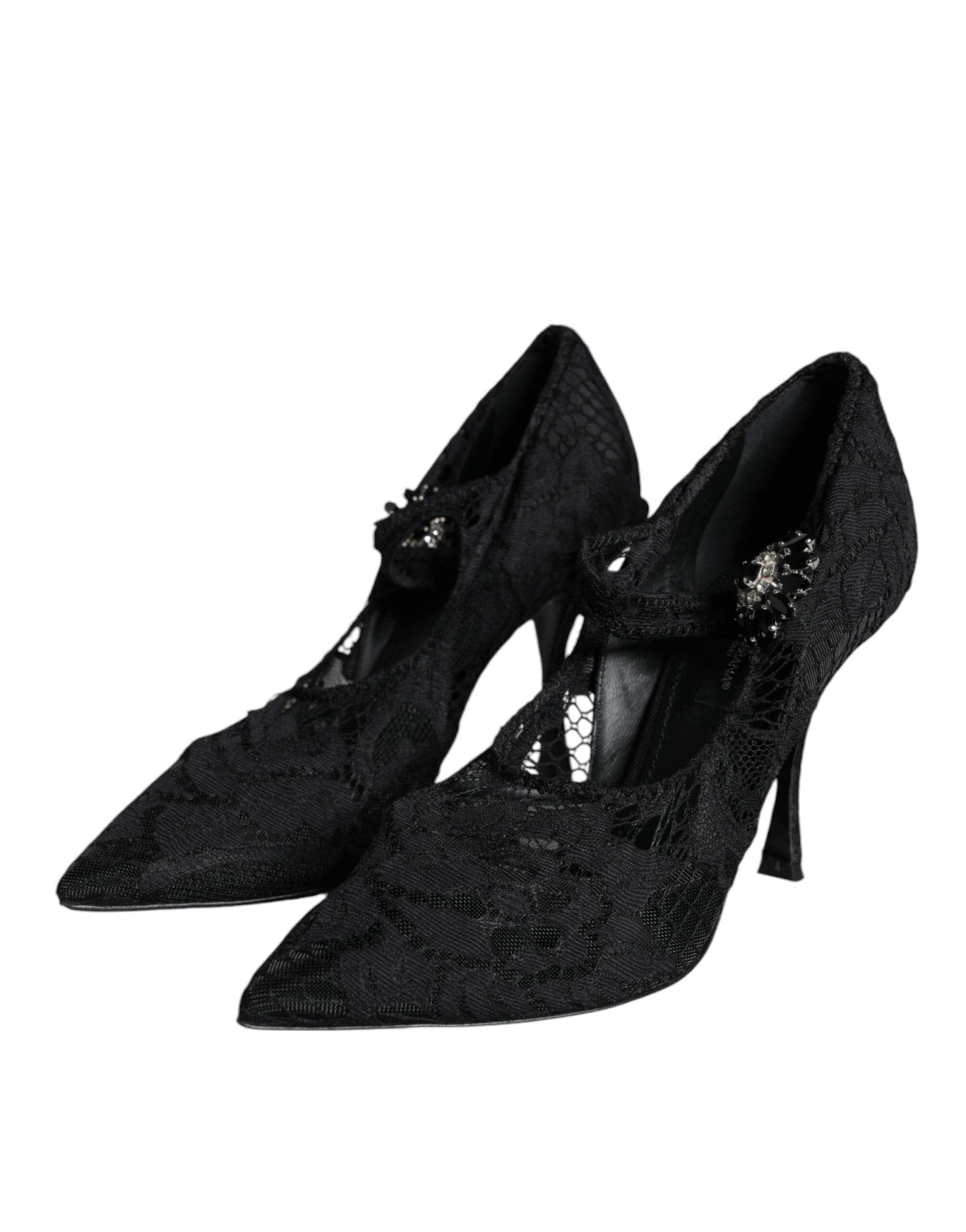 Dolce & Gabbana Black Mary Jane Pumps Lace Crystals Heels Shoes - SMARTMARTNZ